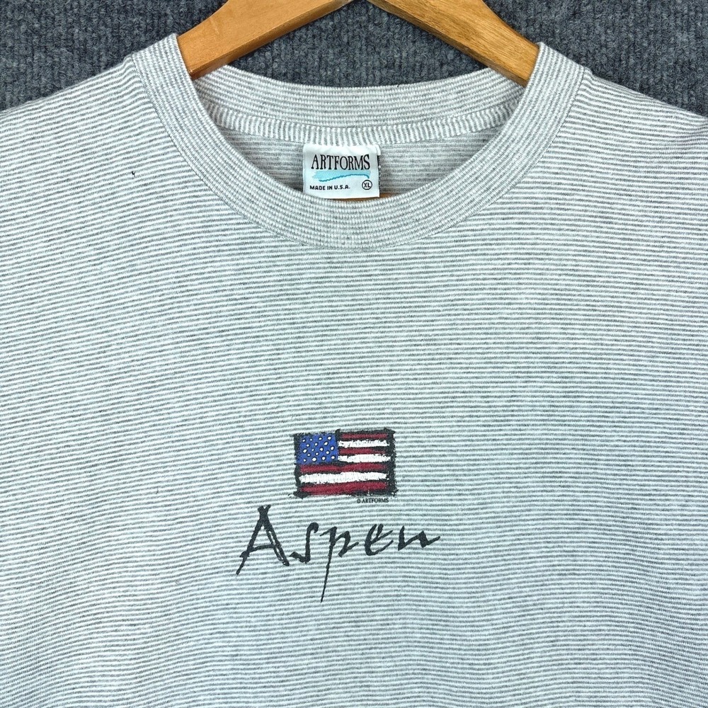 Vintage Single Stitch Aspen Colorado T-Shirt XL Grey Striped American Flag